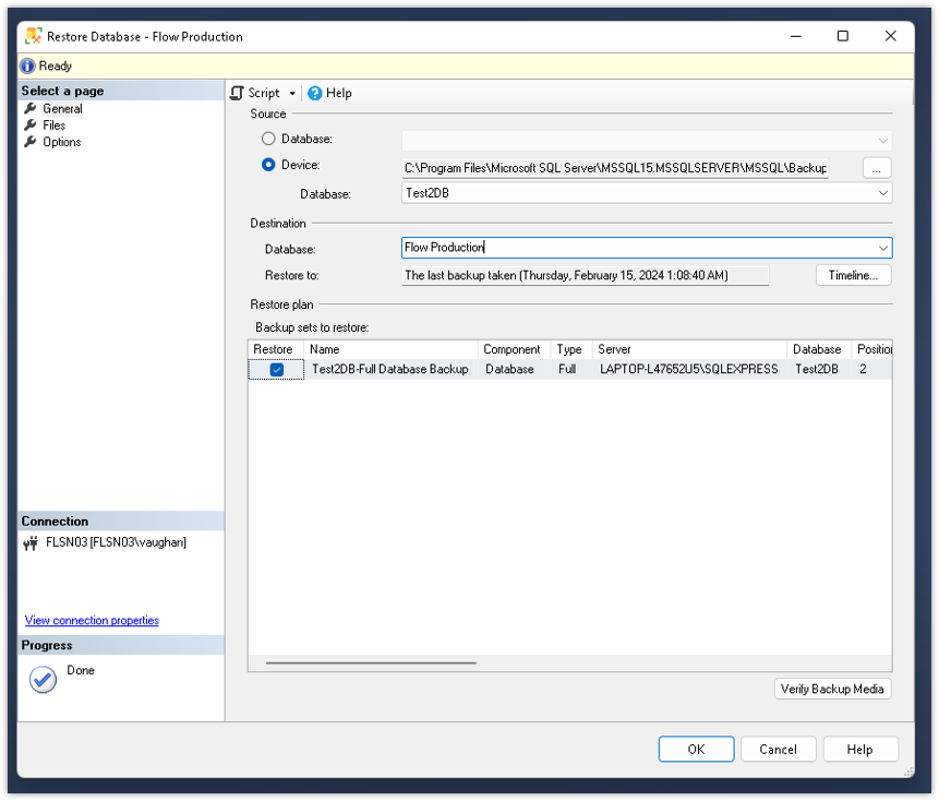 FlowArchMove 6 - Select backup set and name of destination database.png